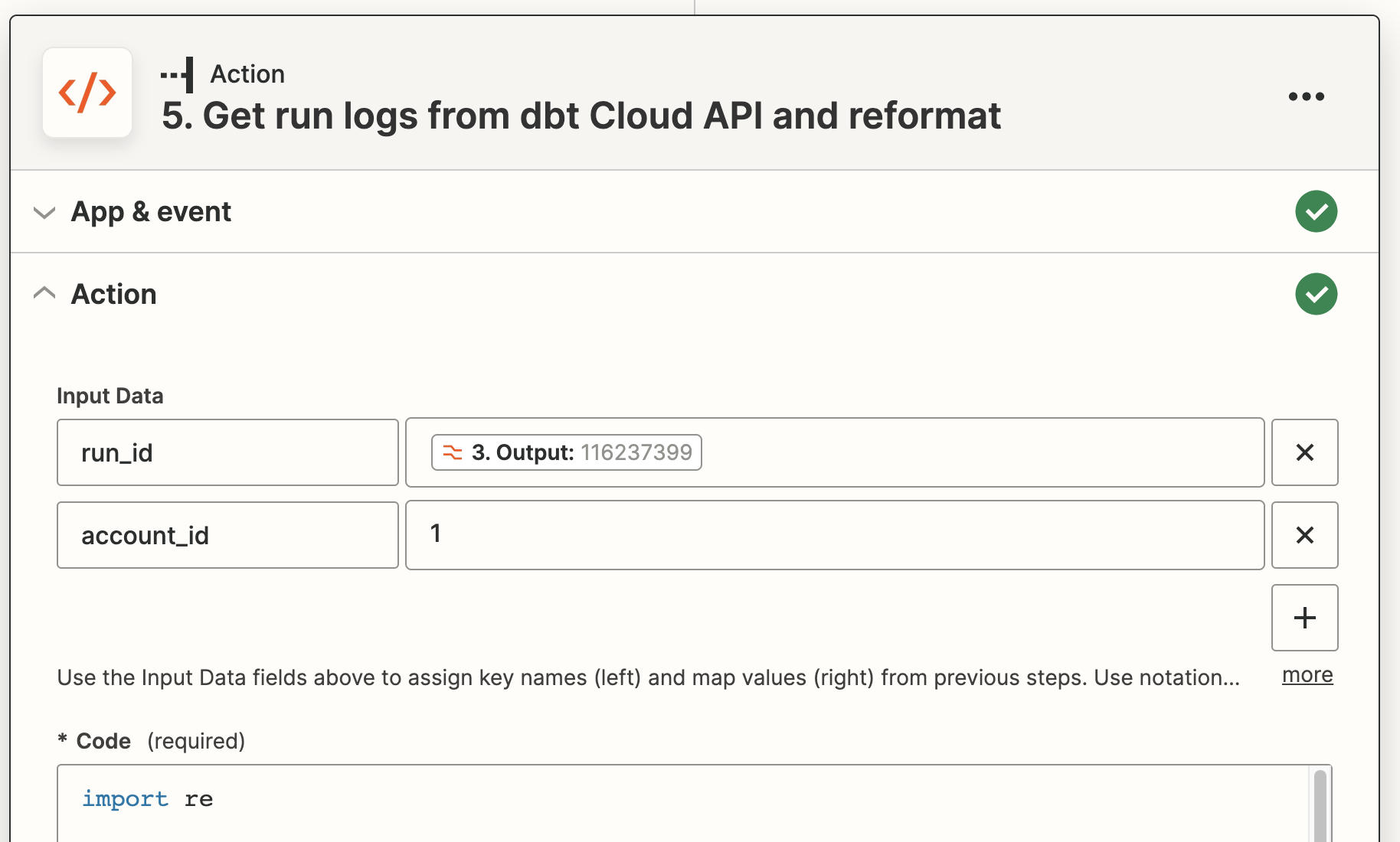 Screenshot of the Zapier UI, showing the mappings of raw_body and auth_header